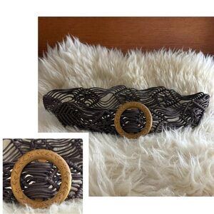 Brown Woven Macrame Adjustable Belt with Floral Engraved Wooden Buckle